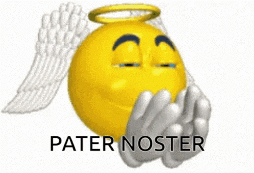a yellow smiley face with angel wings and the words pater noster