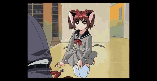 a girl with red hair and cat ears is kneeling on the floor