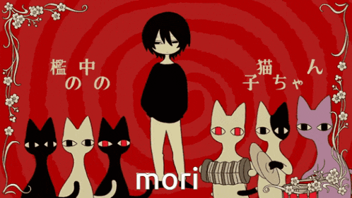 a cartoon of a man surrounded by cats with the word mori in the bottom right corner