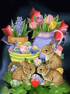 a bunch of rabbits are sitting next to a vase of flowers
