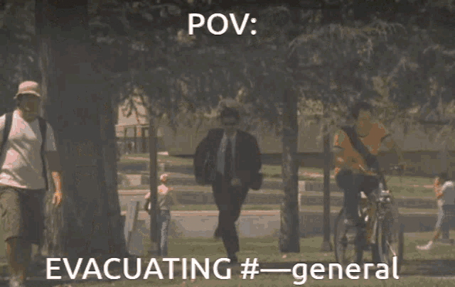 a man in a suit and tie is running towards a group of people with the caption " pov evacuating # general "