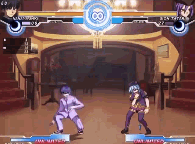 a video game screen shows a man and a woman fighting each other and says unlimited at the top