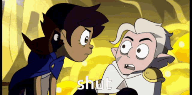 a couple of cartoon characters standing next to each other with the word shut written on the bottom