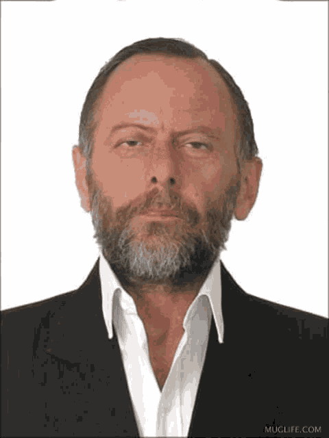 a man with a beard and mustache is wearing a suit and white shirt