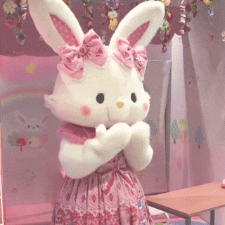 a stuffed bunny wearing a pink dress with bows on her ears
