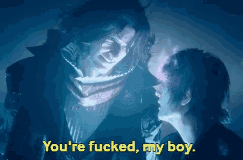 a man and a woman are standing next to each other and the man is saying " you 're fucked , my boy "