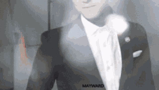 a man in a tuxedo with mayward written on the bottom right
