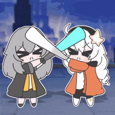 a cartoon of a girl holding a bat and another girl with a star on her head