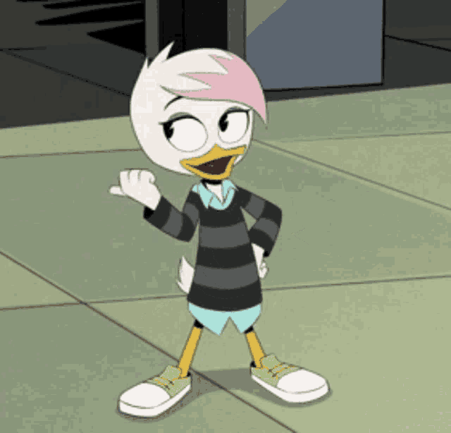 a cartoon duck wearing a striped sweater and green shoes
