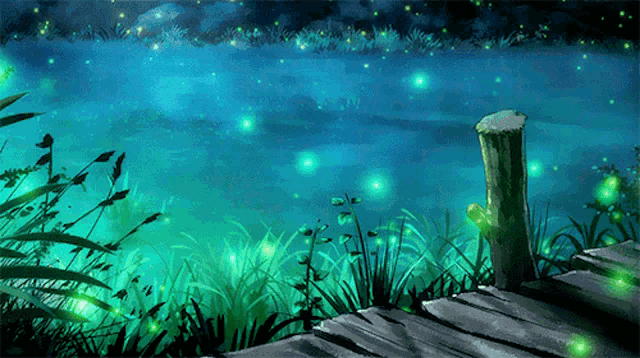 a painting of fireflies flying over a lake with a wooden dock in the foreground