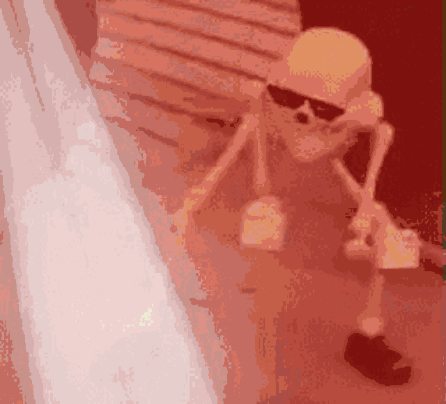 a skeleton wearing sunglasses and a helmet is standing on the ground .