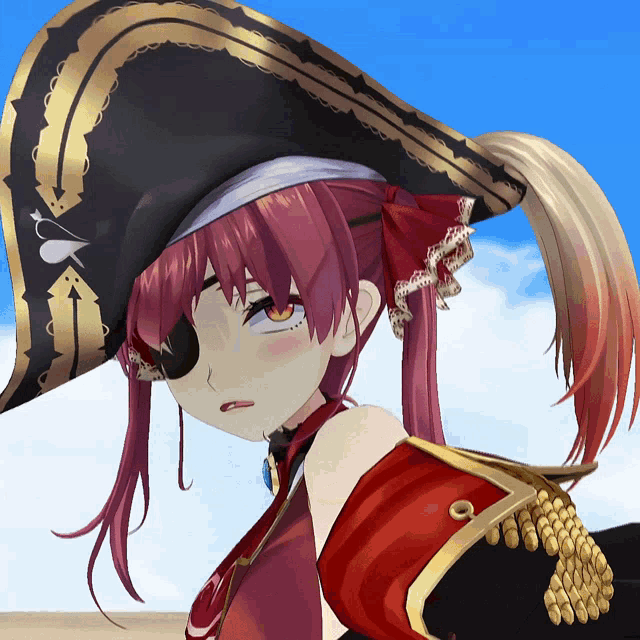 a girl with red hair is wearing a pirate hat and an eye patch