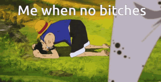 a cartoon of a man kneeling down with the words " me when no bitches " below him