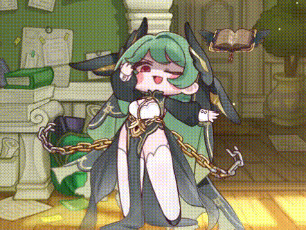 a cartoon character with green hair is chained to a pillar and holding a book .