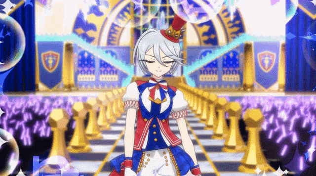 a girl in a top hat stands in front of a crowd of people