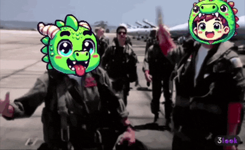 a group of soldiers are standing on a runway and one of them has a dragon mask on