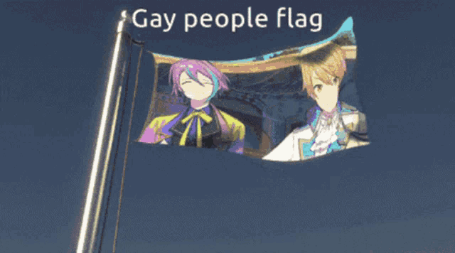 a gay people flag with a picture of two anime characters on it