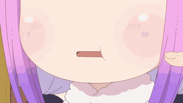 a close up of a person 's face with a purple haired girl