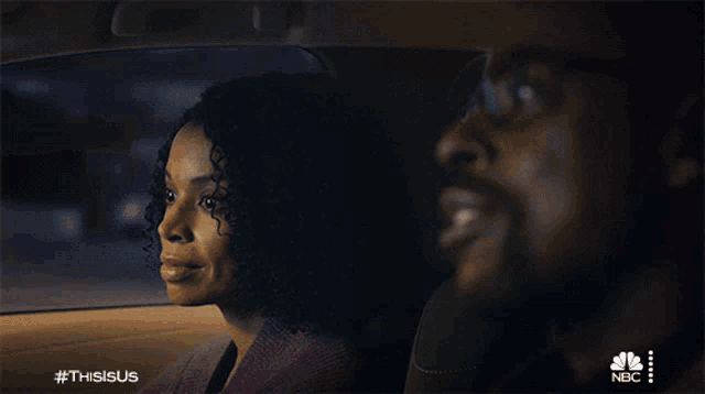 a man and a woman in a car with #thisisus