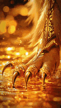 a close up of a person 's foot with a gold colored claw