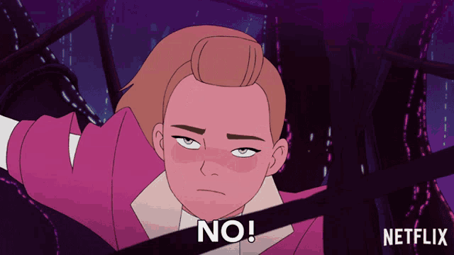 a cartoon of a woman saying no in front of a purple background