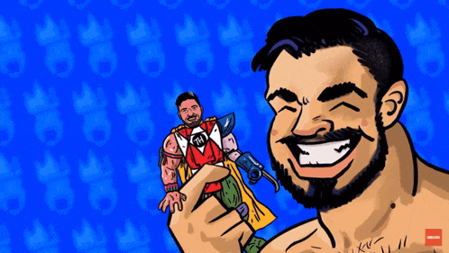 a cartoon of a shirtless man holding a toy with the letters th on it