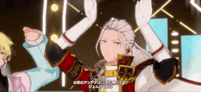 a man in a red coat is giving a high five