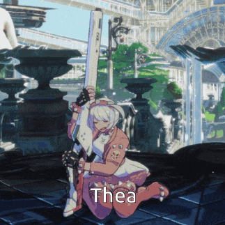 a video game character is kneeling down holding a large gun and the name thea is on the bottom right