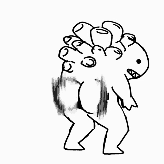 a black and white drawing of a dinosaur with a bunch of faces on its head