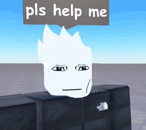 a cartoon character has a speech bubble that says pls help me