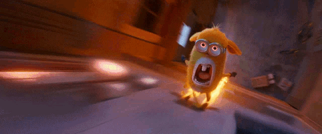 a yellow minion with big eyes is running down a dark street