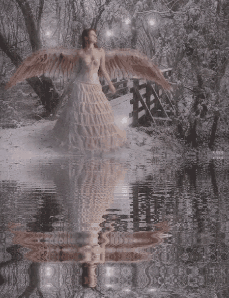 a woman in a white dress with angel wings is reflected in a body of water