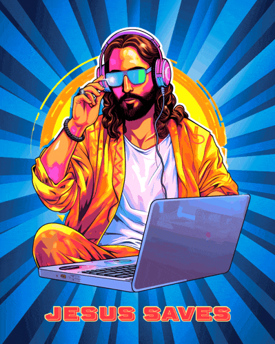 an illustration of jesus wearing headphones and sunglasses while using a laptop