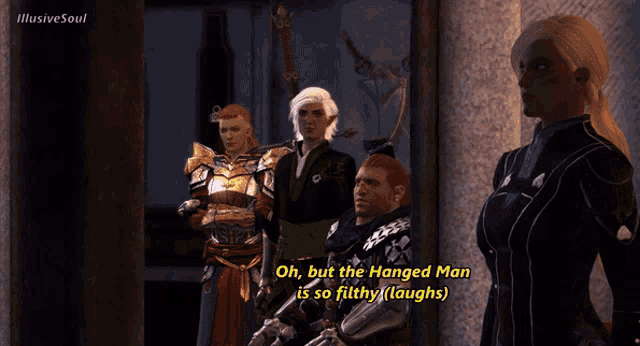 a group of people are standing in a room and one of them says oh but the hanged man is so filthy