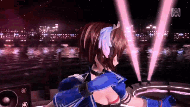 a girl in a blue and white outfit is dancing in front of a city skyline
