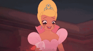 a cartoon character wearing a pink dress and tiara covering her mouth with her hand