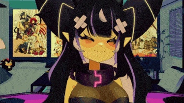 a cartoon character with a purple scarf around her neck has the letter l on her neck