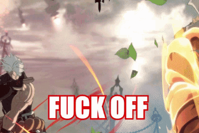 a cartoon character with a sword and the words fuck off