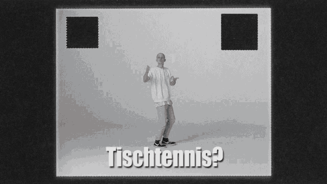 a man in a white shirt is standing in front of a sign that says tischtennis on it