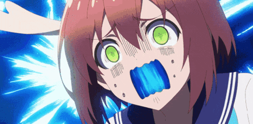 a girl with red hair and green eyes has a blue mouth