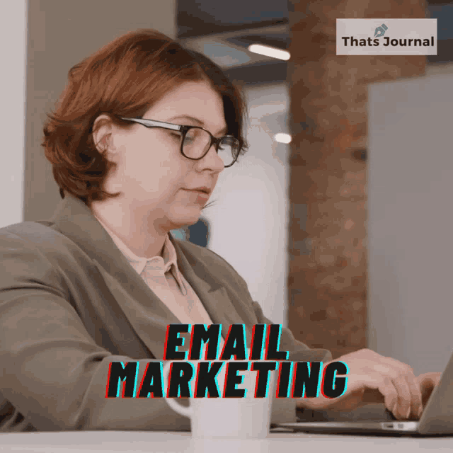 a woman sits at a desk with a laptop and the words email marketing behind her
