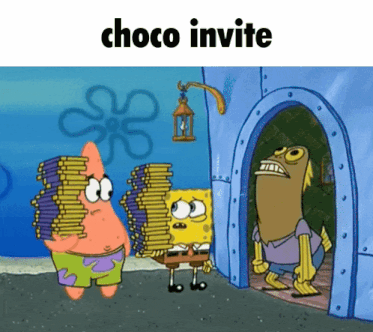 spongebob and patrick are standing next to each other with the words choco invite above them