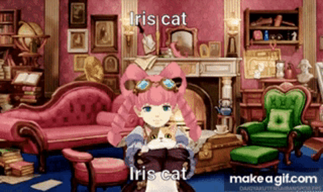 a girl with pink hair and goggles is holding a cat in a living room .