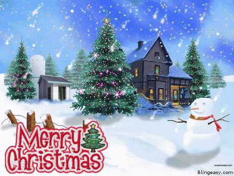 a merry christmas greeting card with a snowman and christmas tree