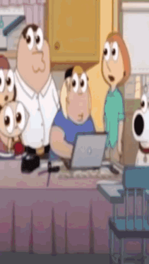 a group of cartoon characters are standing around a table with a laptop