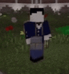a minecraft character in a suit and tie is standing in a field .
