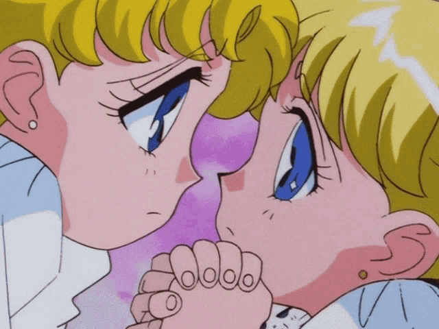 a cartoon of a girl kissing another girl 's hand with her eyes closed