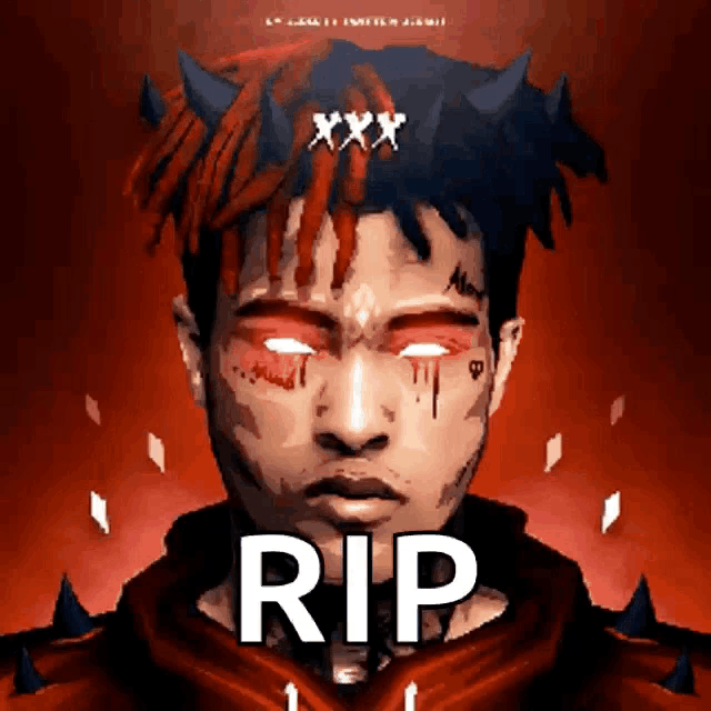 a picture of a man with horns on his head and the words rip on the bottom