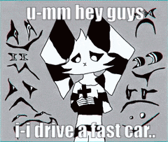 a black and white drawing of a cat with the words u-mm hey guys and i-i drive a fast car