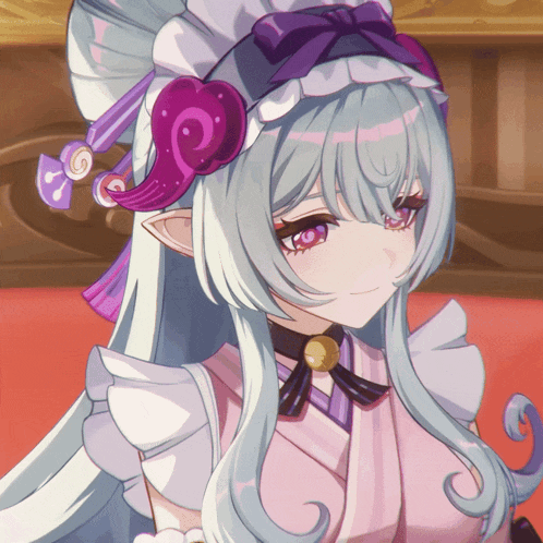 a close up of a girl with long white hair and purple ears